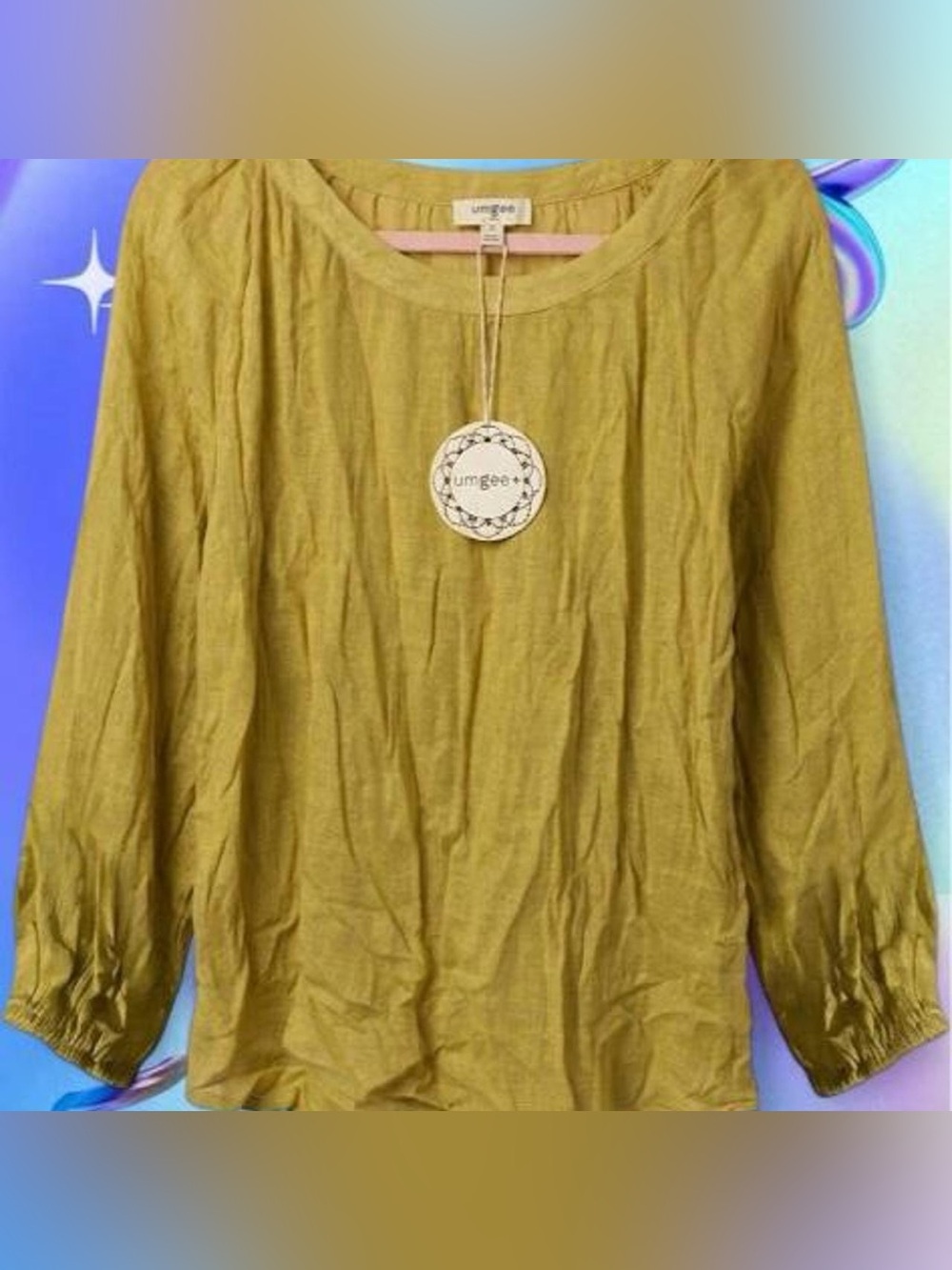 Umgee Linen Yellow/Green Long Sleeve Scoop Neck Blouse